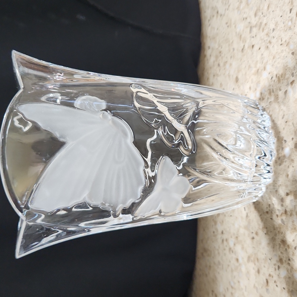 Block 24% Lead Crystal Clear Glass Vase 7" Meadow Butterflies Floral